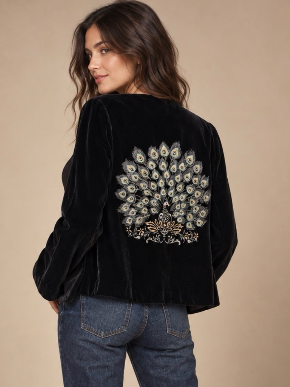 Vintage Lucky Brand Black Velvet Peacock Embroidered Jacket XS/S NWT